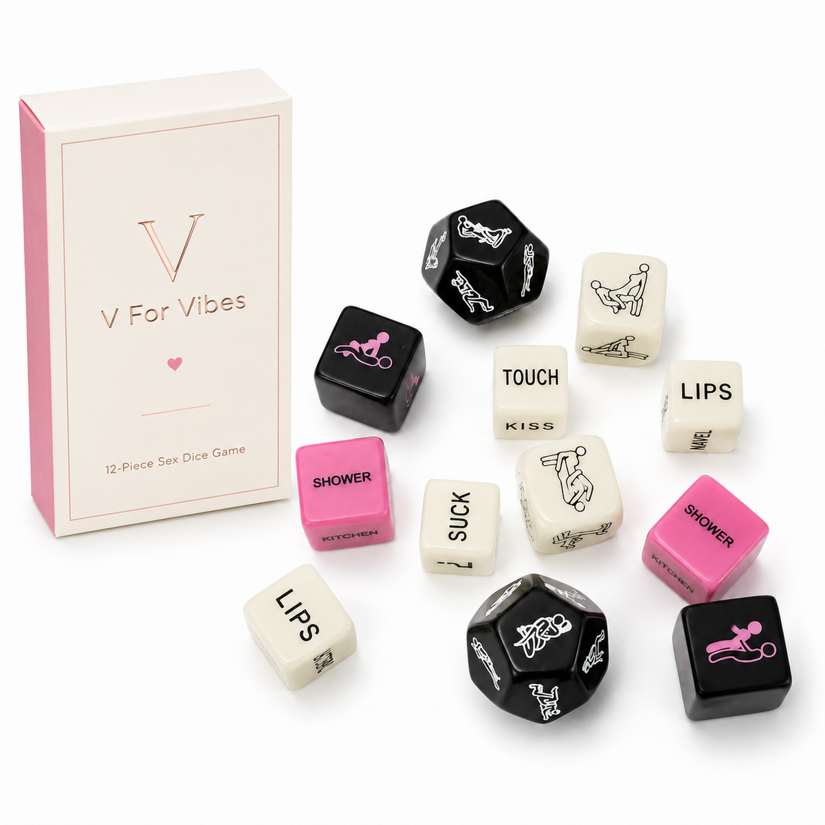 V For Vibes 12-Piece Sex Dice Game for Couples – Romantic Adult Bedroom Game